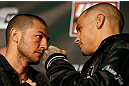 LONDON, ENGLAND - FEBRUARY 13:  (L-R) Opponents Cub Swanson and Dustin Poirier face off during a UFC press conference on February 13, 2013 at Hooks Gym in London, England.  (Photo by Josh Hedges/Zuffa LLC/Zuffa LLC via Getty Images)