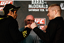 LONDON, ENGLAND - FEBRUARY 13:  (L-R) Opponents Renan Barao and Michael McDonald face off during a UFC press conference on February 13, 2013 at Hooks Gym in London, England.  (Photo by Josh Hedges/Zuffa LLC/Zuffa LLC via Getty Images)