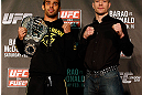 LONDON, ENGLAND - FEBRUARY 13:  (L-R) Opponents Renan Barao and Michael McDonald pose for photos during a UFC press conference on February 13, 2013 at Hooks Gym in London, England.  (Photo by Josh Hedges/Zuffa LLC/Zuffa LLC via Getty Images)