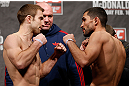 LONDON, ENGLAND - FEBRUARY 15:  (L-R) Opponents Phil Harris and Ulysses Gomez face off during the UFC weigh-in on February 15, 2013 at Wembley Arena in London, England.  (Photo by Josh Hedges/Zuffa LLC/Zuffa LLC via Getty Images)