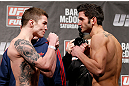 LONDON, ENGLAND - FEBRUARY 15:  (L-R) Opponents Andy Ogle and Josh Grispi face off during the UFC weigh-in on February 15, 2013 at Wembley Arena in London, England.  (Photo by Josh Hedges/Zuffa LLC/Zuffa LLC via Getty Images)
