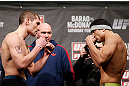 LONDON, ENGLAND - FEBRUARY 15:  (L-R) Opponents Paul Sass and Danny Castillo face off during the UFC weigh-in on February 15, 2013 at Wembley Arena in London, England.  (Photo by Josh Hedges/Zuffa LLC/Zuffa LLC via Getty Images)