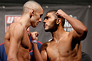 LONDON, ENGLAND - FEBRUARY 15:  (L-R) Opponents Terry Etim and Renee Forte face off during the UFC weigh-in on February 15, 2013 at Wembley Arena in London, England.  (Photo by Josh Hedges/Zuffa LLC/Zuffa LLC via Getty Images)