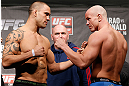 LONDON, ENGLAND - FEBRUARY 15:  (L-R) Opponents James Te Huna and Ryan Jimmo face off during the UFC weigh-in on February 15, 2013 at Wembley Arena in London, England.  (Photo by Josh Hedges/Zuffa LLC/Zuffa LLC via Getty Images)