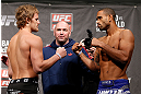LONDON, ENGLAND - FEBRUARY 15:  (L-R) Opponents Gunnar Nelson and Jorge Santiago face off during the UFC weigh-in on February 15, 2013 at Wembley Arena in London, England.  (Photo by Josh Hedges/Zuffa LLC/Zuffa LLC via Getty Images)
