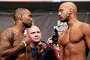 LONDON, ENGLAND - FEBRUARY 15:  (L-R) Opponents Jimi Manuwa and Cyrille Diabate face off during the UFC weigh-in on February 15, 2013 at Wembley Arena in London, England.  (Photo by Josh Hedges/Zuffa LLC/Zuffa LLC via Getty Images)