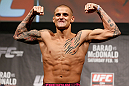 LONDON, ENGLAND - FEBRUARY 15:  Dustin Poirier weighs in during the UFC weigh-in on February 15, 2013 at Wembley Arena in London, England.  (Photo by Josh Hedges/Zuffa LLC/Zuffa LLC via Getty Images)