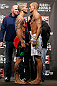 LONDON, ENGLAND - FEBRUARY 15:  (L-R) Opponents Cub Swanson and Dustin Poirier face off during the UFC weigh-in on February 15, 2013 at Wembley Arena in London, England.  (Photo by Josh Hedges/Zuffa LLC/Zuffa LLC via Getty Images)