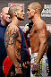 LONDON, ENGLAND - FEBRUARY 15:  (L-R) Opponents Cub Swanson and Dustin Poirier face off during the UFC weigh-in on February 15, 2013 at Wembley Arena in London, England.  (Photo by Josh Hedges/Zuffa LLC/Zuffa LLC via Getty Images)