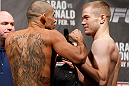 LONDON, ENGLAND - FEBRUARY 15:  (L-R) Opponents Renan Baraoand Michael McDonald face off during the UFC weigh-in on February 15, 2013 at Wembley Arena in London, England.  (Photo by Josh Hedges/Zuffa LLC/Zuffa LLC via Getty Images)