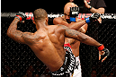 LONDON, ENGLAND - FEBRUARY 16:  (L-R) Jimi Manuwa kicks Cyrille Diabate in their light heavyweight fight during the UFC on Fuel TV event on February 16, 2013 at Wembley Arena in London, England.  (Photo by Josh Hedges/Zuffa LLC/Zuffa LLC via Getty Images)