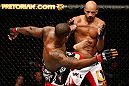 LONDON, ENGLAND - FEBRUARY 16:  (L-R) Jimi Manuwa kicks Cyrille Diabate in their light heavyweight fight during the UFC on Fuel TV event on February 16, 2013 at Wembley Arena in London, England.  (Photo by Josh Hedges/Zuffa LLC/Zuffa LLC via Getty Images)