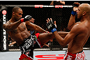 LONDON, ENGLAND - FEBRUARY 16:  (L-R) Jimi Manuwa kicks Cyrille Diabate in their light heavyweight fight during the UFC on Fuel TV event on February 16, 2013 at Wembley Arena in London, England.  (Photo by Josh Hedges/Zuffa LLC/Zuffa LLC via Getty Images)