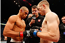 LONDON, ENGLAND - FEBRUARY 16:  (L-R) Opponents Renan Barao and Michael McDonald face off before their interim bantamweight title fight during the UFC on Fuel TV event on February 16, 2013 at Wembley Arena in London, England.  (Photo by Josh Hedges/Zuffa LLC/Zuffa LLC via Getty Images)