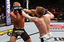 LONDON, ENGLAND - FEBRUARY 16:  (R-L) Michael McDonald and Renan Barao trade punches in their interim bantamweight title fight during the UFC on Fuel TV event on February 16, 2013 at Wembley Arena in London, England.  (Photo by Josh Hedges/Zuffa LLC/Zuffa LLC via Getty Images)