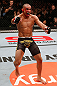 LONDON, ENGLAND - FEBRUARY 16:  Renan Barao reacts after defeating Michael McDonald in their interim bantamweight title fight during the UFC on Fuel TV event on February 16, 2013 at Wembley Arena in London, England.  (Photo by Josh Hedges/Zuffa LLC/Zuffa LLC via Getty Images)