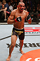 LONDON, ENGLAND - FEBRUARY 16:  Renan Barao reacts after defeating Michael McDonald in their interim bantamweight title fight during the UFC on Fuel TV event on February 16, 2013 at Wembley Arena in London, England.  (Photo by Josh Hedges/Zuffa LLC/Zuffa LLC via Getty Images)