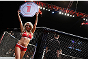 LONDON, ENGLAND - FEBRUARY 16:  UFC Octagon Girl Carly Baker introduces a round during the UFC on Fuel TV event on February 16, 2013 at Wembley Arena in London, England.  (Photo by Josh Hedges/Zuffa LLC/Zuffa LLC via Getty Images)