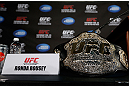 ANAHEIM, CA - FEBRUARY 21:  Ronda Rousey's UFC bantamweight championship belt is seen on a table before a UFC pre-fight press conference at Honda Center on February 21, 2013 in Anaheim, California.  (Photo by Josh Hedges/Zuffa LLC/Zuffa LLC via Getty Images)