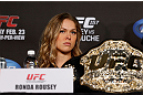 ANAHEIM, CA - FEBRUARY 21:  Ronda Rousey interacts with media during a UFC pre-fight press conference at Honda Center on February 21, 2013 in Anaheim, California.  (Photo by Josh Hedges/Zuffa LLC/Zuffa LLC via Getty Images)
