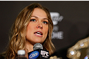 ANAHEIM, CA - FEBRUARY 21:  Ronda Rousey interacts with media during a UFC pre-fight press conference at Honda Center on February 21, 2013 in Anaheim, California.  (Photo by Josh Hedges/Zuffa LLC/Zuffa LLC via Getty Images)
