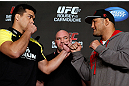 ANAHEIM, CA - FEBRUARY 21:  (L-R) Opponents Lyoto Machida and Dan Henderson face off during a UFC pre-fight press conference at Honda Center on February 21, 2013 in Anaheim, California.  (Photo by Josh Hedges/Zuffa LLC/Zuffa LLC via Getty Images)