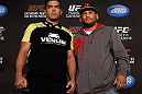 ANAHEIM, CA - FEBRUARY 21:  (L-R) Opponents Lyoto Machida and Dan Henderson pose for photos during a UFC pre-fight press conference at Honda Center on February 21, 2013 in Anaheim, California.  (Photo by Josh Hedges/Zuffa LLC/Zuffa LLC via Getty Images)