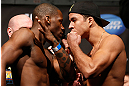 ANAHEIM, CA - FEBRUARY 22:  (L-R) Opponents Nah-Shon Burrell and Yuri Villefort face off during the UFC 157 weigh-in at Honda Center on February 22, 2013 in Anaheim, California.  (Photo by Josh Hedges/Zuffa LLC/Zuffa LLC via Getty Images)