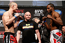 ANAHEIM, CA - FEBRUARY 22:  (L-R) Opponents Jon Manley and Neil Magny face off during the UFC 157 weigh-in at Honda Center on February 22, 2013 in Anaheim, California.  (Photo by Josh Hedges/Zuffa LLC/Zuffa LLC via Getty Images)