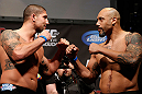 ANAHEIM, CA - FEBRUARY 22:  (L-R) Opponents Brendan Schaub and Lavar Johnson face off during the UFC 157 weigh-in at Honda Center on February 22, 2013 in Anaheim, California.  (Photo by Josh Hedges/Zuffa LLC/Zuffa LLC via Getty Images)