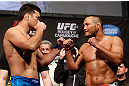 ANAHEIM, CA - FEBRUARY 22:  (L-R) Opponents Lyoto Machida and Dan Henderson face off during the UFC 157 weigh-in at Honda Center on February 22, 2013 in Anaheim, California.  (Photo by Josh Hedges/Zuffa LLC/Zuffa LLC via Getty Images)