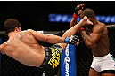 ANAHEIM, CA - FEBRUARY 23:  (L-R) Yuri Villefort kicks Nah-Shon Burrell in their welterweight bout during UFC 157 at Honda Center on February 23, 2013 in Anaheim, California.  (Photo by Josh Hedges/Zuffa LLC/Zuffa LLC via Getty Images) *** Local Caption *** Nah-Shon Burrell; Yuri Villefort