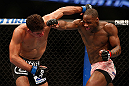 ANAHEIM, CA - FEBRUARY 23:  (R-L) Nah-Shon Burrell punches Yuri Villefort in their welterweight bout during UFC 157 at Honda Center on February 23, 2013 in Anaheim, California.  (Photo by Josh Hedges/Zuffa LLC/Zuffa LLC via Getty Images) *** Local Caption *** Nah-Shon Burrell; Yuri Villefort