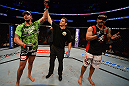 ANAHEIM, CA - FEBRUARY 23:  Brendan Schaub (left) reacts to his victory over Lavar Johnson (right) in their heavyweight bout during UFC 157 at Honda Center on February 23, 2013 in Anaheim, California.  (Photo by Donald Miralle/Zuffa LLC/Zuffa LLC via Getty Images) *** Local Caption *** Brendan Schaub; Lavar Johnson