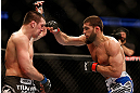 ANAHEIM, CA - FEBRUARY 23:  (R-L) Court McGee punches Josh Neer in their welterweight bout during UFC 157 at Honda Center on February 23, 2013 in Anaheim, California.  (Photo by Josh Hedges/Zuffa LLC/Zuffa LLC via Getty Images) *** Local Caption *** Court McGee; Josh Neer