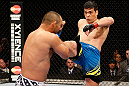 ANAHEIM, CA - FEBRUARY 23:  (R-L) Lyoto Machida kicks Dan Henderson in their light heavyweight bout during UFC 157 at Honda Center on February 23, 2013 in Anaheim, California.  (Photo by Josh Hedges/Zuffa LLC/Zuffa LLC via Getty Images) *** Local Caption *** Lyoto Machida; Dan Henderson