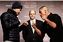 TOKYO, JAPAN - FEBRUARY 28: (L-R) Opponents Takanori Gomi and Diego Sanchez face off during a UFC press conference at the Hilton Sjinjuku Hotel on February 28, 2013 in Tokyo, Japan. (Photo by Josh Hedges/Zuffa LLC/Zuffa LLC via Getty Images)
