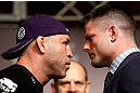 TOKYO, JAPAN - FEBRUARY 28: (L-R) Opponents Wanderlei Silva and Brian Stann face off during a UFC press conference at the Hilton Sjinjuku Hotel on February 28, 2013 in Tokyo, Japan. (Photo by Josh Hedges/Zuffa LLC/Zuffa LLC via Getty Images)