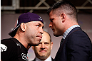 TOKYO, JAPAN - FEBRUARY 28: (L-R) Opponents Wanderlei Silva and Brian Stann face off during a UFC press conference at the Hilton Sjinjuku Hotel on February 28, 2013 in Tokyo, Japan. (Photo by Josh Hedges/Zuffa LLC/Zuffa LLC via Getty Images)