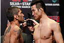 SAITAMA, JAPAN - MARCH 02: (L-R) Opponents Marcelo Guimaraes and Hyun Gyu Lim face off during the UFC on FUEL TV weigh-in at Saitama Super Arena on March 2, 2013 in Saitama, Japan. (Photo by Josh Hedges/Zuffa LLC/Zuffa LLC via Getty Images)