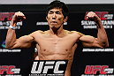 SAITAMA, JAPAN - MARCH 02: Takeya Mizugaki weighs in during the UFC on FUEL TV weigh-in at Saitama Super Arena on March 2, 2013 in Saitama, Japan. (Photo by Josh Hedges/Zuffa LLC/Zuffa LLC via Getty Images)