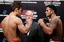 SAITAMA, JAPAN - MARCH 02: (L-R) Opponents Riki Fukuda and Brad Tavares face off during the UFC on FUEL TV weigh-in at Saitama Super Arena on March 2, 2013 in Saitama, Japan. (Photo by Josh Hedges/Zuffa LLC/Zuffa LLC via Getty Images)