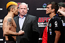 SAITAMA, JAPAN - MARCH 02: (L-R) Opponents Mizuto Hirota and Rani Yahya face off during the UFC on FUEL TV weigh-in at Saitama Super Arena on March 2, 2013 in Saitama, Japan. (Photo by Josh Hedges/Zuffa LLC/Zuffa LLC via Getty Images)