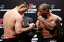 SAITAMA, JAPAN - MARCH 02: (L-R) Opponents Yushin Okami and Hector Lombard face off during the UFC on FUEL TV weigh-in at Saitama Super Arena on March 2, 2013 in Saitama, Japan. (Photo by Josh Hedges/Zuffa LLC/Zuffa LLC via Getty Images)