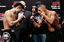 SAITAMA, JAPAN - MARCH 02: (L-R) Opponents Takanori Gomi and Diego Sanchez face off during the UFC on FUEL TV weigh-in at Saitama Super Arena on March 2, 2013 in Saitama, Japan. (Photo by Josh Hedges/Zuffa LLC/Zuffa LLC via Getty Images)