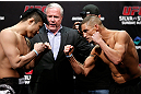 SAITAMA, JAPAN - MARCH 02: (L-R) Opponents Takanori Gomi and Diego Sanchez face off during the UFC on FUEL TV weigh-in at Saitama Super Arena on March 2, 2013 in Saitama, Japan. (Photo by Josh Hedges/Zuffa LLC/Zuffa LLC via Getty Images)