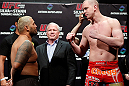 SAITAMA, JAPAN - MARCH 02: (L-R) Opponents Mark Hunt and Stefan Struve face off during the UFC on FUEL TV weigh-in at Saitama Super Arena on March 2, 2013 in Saitama, Japan. (Photo by Josh Hedges/Zuffa LLC/Zuffa LLC via Getty Images)
