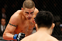 SAITAMA, JAPAN - MARCH 03:  (L-R) Diego Sanchez squares off with Takanori Gomi in their lightweight fight during the UFC on FUEL TV event at Saitama Super Arena on March 3, 2013 in Saitama, Japan.  (Photo by Josh Hedges/Zuffa LLC/Zuffa LLC via Getty Images)