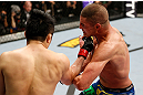 SAITAMA, JAPAN - MARCH 03:  (L-R) Takanori Gomi punches Diego Sanchez in their lightweight fight during the UFC on FUEL TV event at Saitama Super Arena on March 3, 2013 in Saitama, Japan.  (Photo by Josh Hedges/Zuffa LLC/Zuffa LLC via Getty Images)