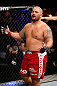 SAITAMA, JAPAN - MARCH 03:  Mark Hunt reacts after knocking out Stefan Struve in their heavyweight fight during the UFC on FUEL TV event at Saitama Super Arena on March 3, 2013 in Saitama, Japan.  (Photo by Josh Hedges/Zuffa LLC/Zuffa LLC via Getty Images)